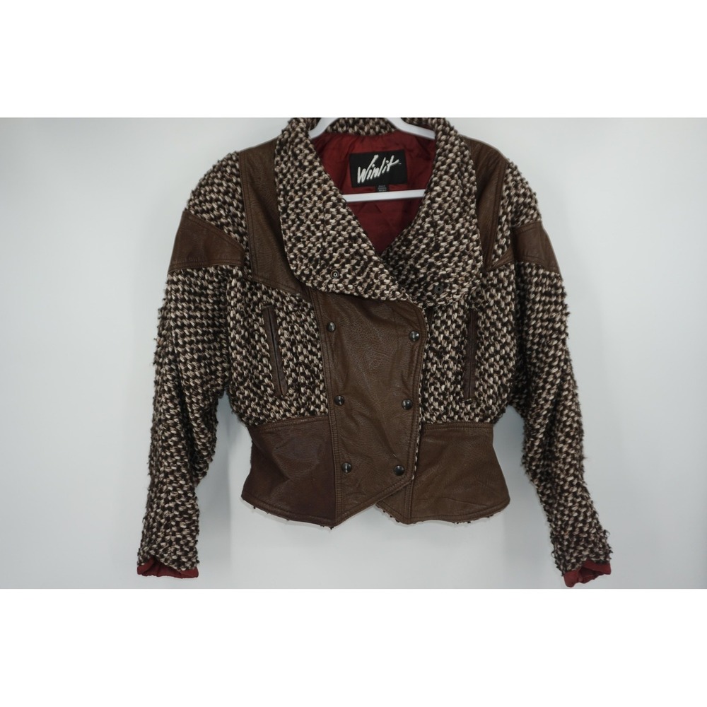Vintage Winlit Jacket Womens Large Brown Leather Wool Tweed Moto Belted 80s